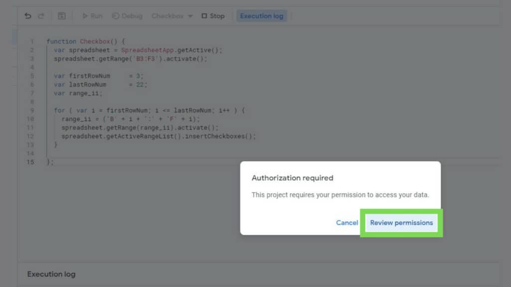 Authorization required window for when you try to run a script with FOR LOOP in Google Sheets for the first time