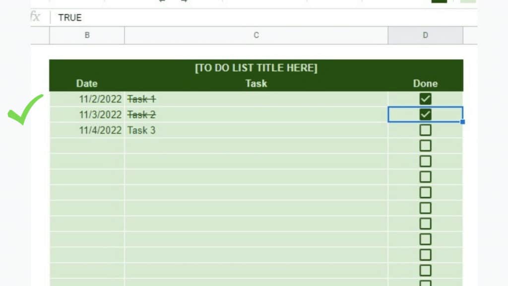 Testing the conditional formatting applied to the Task column