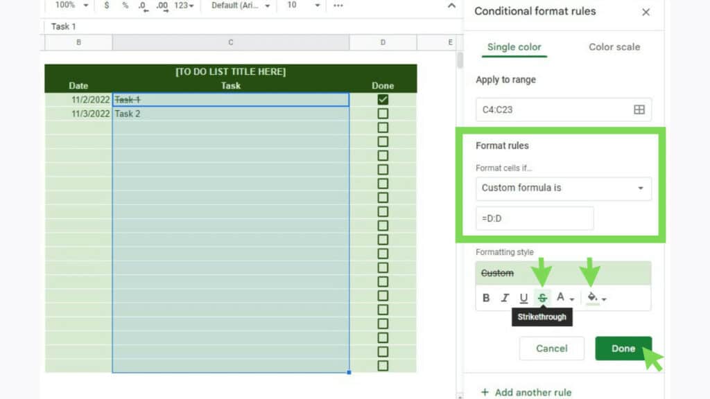 The Conditional format rules for the Task column
