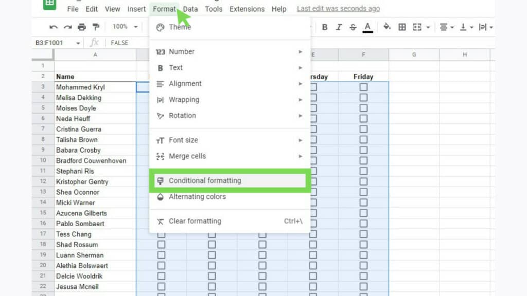The Format menu and its Conditional formatting option with the rest of the checkbox columns selected