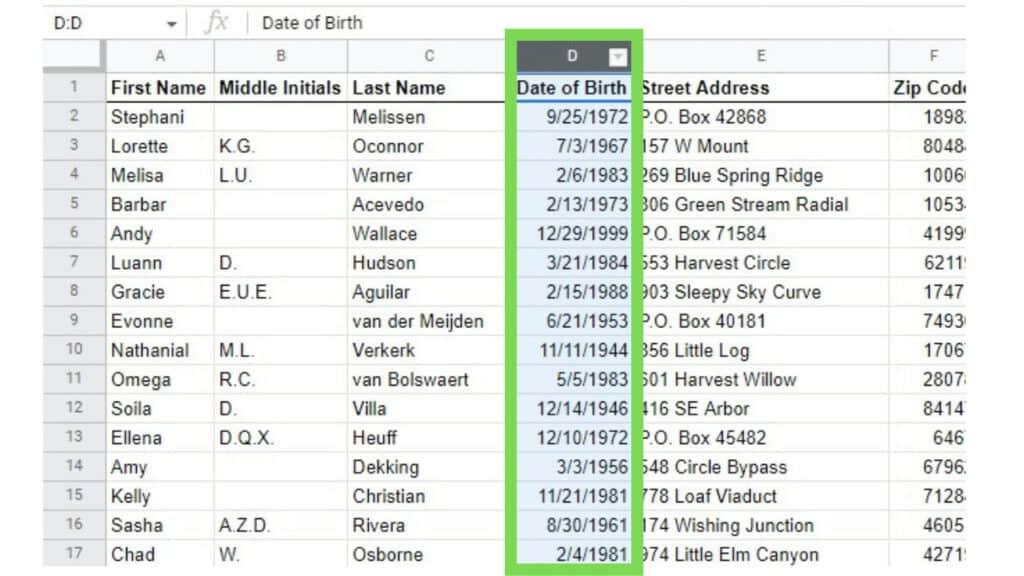 Sample dataset of personnel with their information where the Date of Birth column is selected