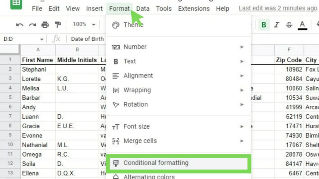 The Format menu and its Conditional formatting option are both displayed