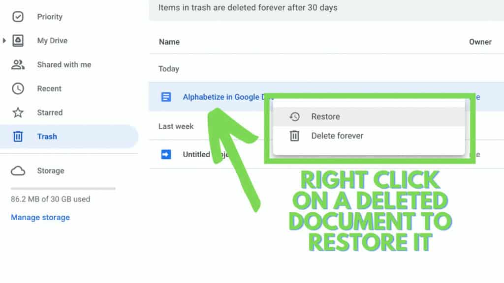 Restore a document in Google Drive